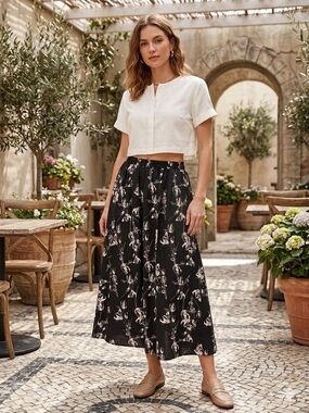 Marine Serre Black Maxi Skirt with Cream Floral Motif